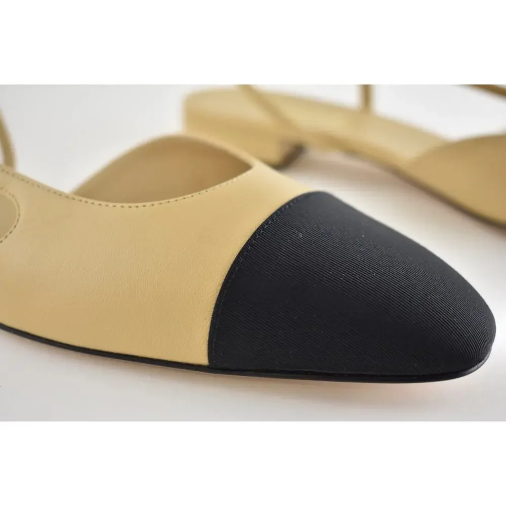 Chanel REV Beige Leather Black Cap CC Logo Coco Sling Slingback Ballet Flat 42.5